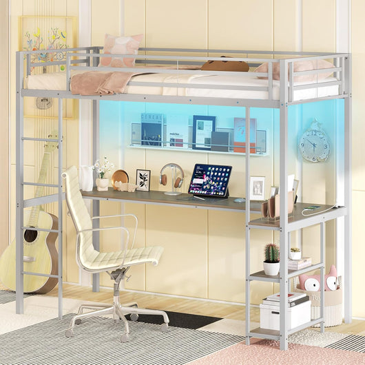 Letto a Soppalco 90 x 200 cm con Scrivania Sotto, Letto a Castello con Luce LED e Stazione di Ricarica, Letto Rialzato Struttura in Ferro con 2 Ripiani per Ragazzi e Ragazze (Argento)