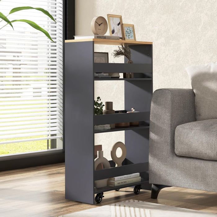 Carrello da Cucina a 4 Ripiani, Carrello in Legno con 4 Ruote Universali, Carrello Scaffale Stretto Salvaspazio con Manico per Bagno, Ufficio e Officina, 47,5 x 20 x 80,5 cm (Grigio)
