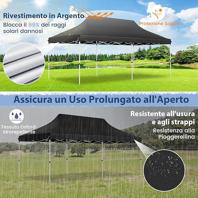 Gazebo Pieghevole da Giardino 3 x 6m, Gazebo Pop-up con Borsa da Trasporto, Regolabile in Altezza, per Feste, Barbecue, Giardino e Spiaggia (Nero)