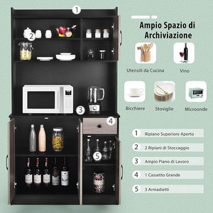 Armadio da Cucina Alto 180 CM, Credenza Alta da Cucina con Armadietti e Cassetto, Stazione di Ricarica Integrata, Ripiani Regolabili, 100 x 40 x 180 cm (Nero)
