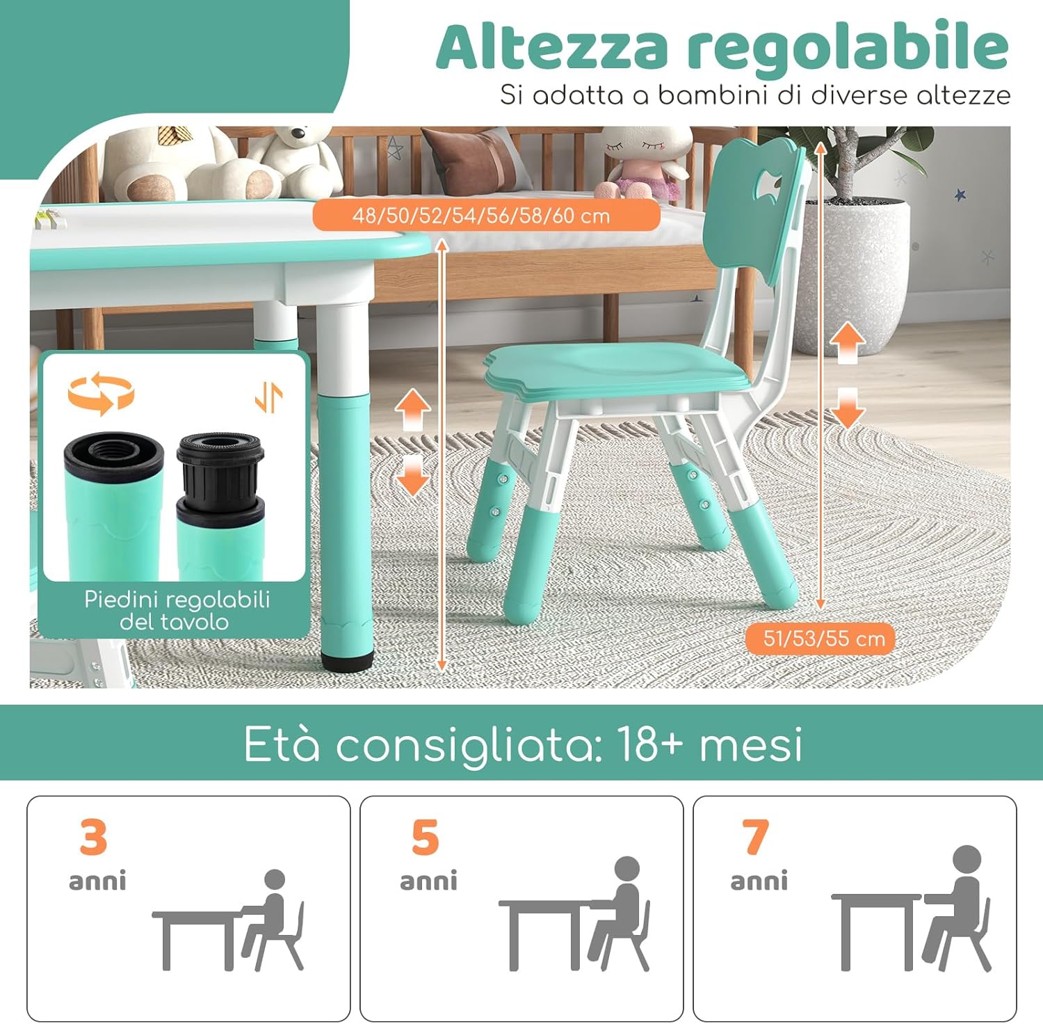 Set Tavolo e 4 Seide per Bambini, Scrivania Regolabile in Altezza con Piano Graffiti, Gambe Antiscivolo, Mobile Multifuzione con 4 Posti per Cameretta, Asilo e Scuola (Verde)