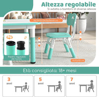 Set Tavolo e 4 Seide per Bambini, Scrivania Regolabile in Altezza con Piano Graffiti, Gambe Antiscivolo, Mobile Multifuzione con 4 Posti per Cameretta, Asilo e Scuola (Verde)