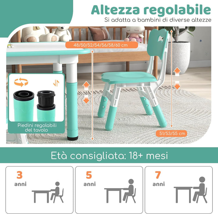 Set Tavolo e 4 Seide per Bambini, Scrivania Regolabile in Altezza con Piano Graffiti, Gambe Antiscivolo, Mobile Multifuzione con 4 Posti per Cameretta, Asilo e Scuola (Verde)