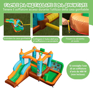 Castello gonfiabile per Bambini, Con Scivolo, Trampolino, Canestro da Basket e Sacco da Box, per 3 Bambini di 3-12 Anni, Con Borsa di Trasporto e Kit di Riparazione (Senza soffiatore)