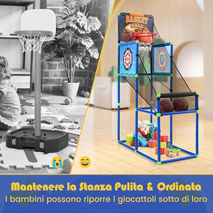 Macchina da Pallacanestro per Bambini, Set Giochi 2-in-1 da Interno ed Esterno per Basket e Palline Attaccanti con Segnapunti Elettronico ed Effetti Sonori, Regalo per Bambini e Bambine 3+