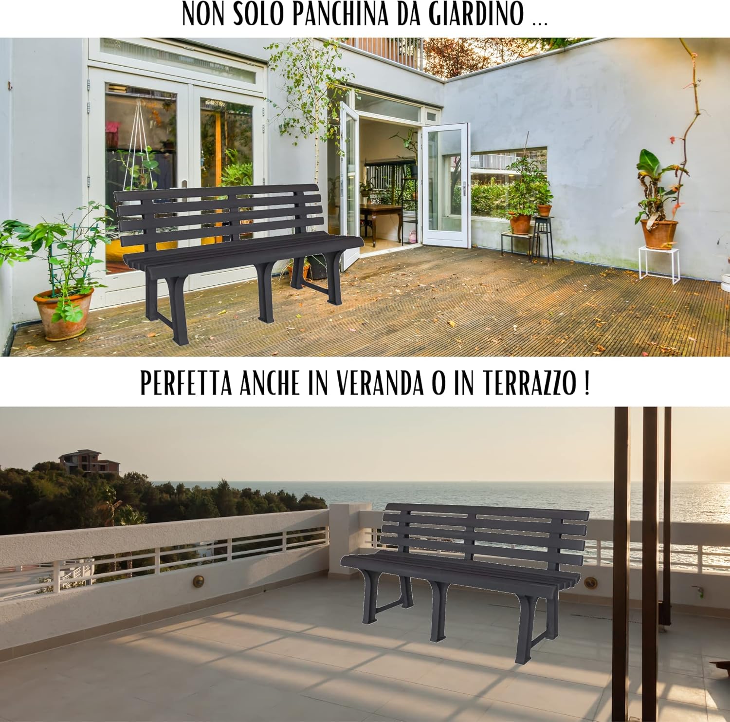 Panchina 3 Posti Da Esterno E Interno, Panchina Da Giardino In Plastica, Comoda E Resistente colore antracite Tomaino