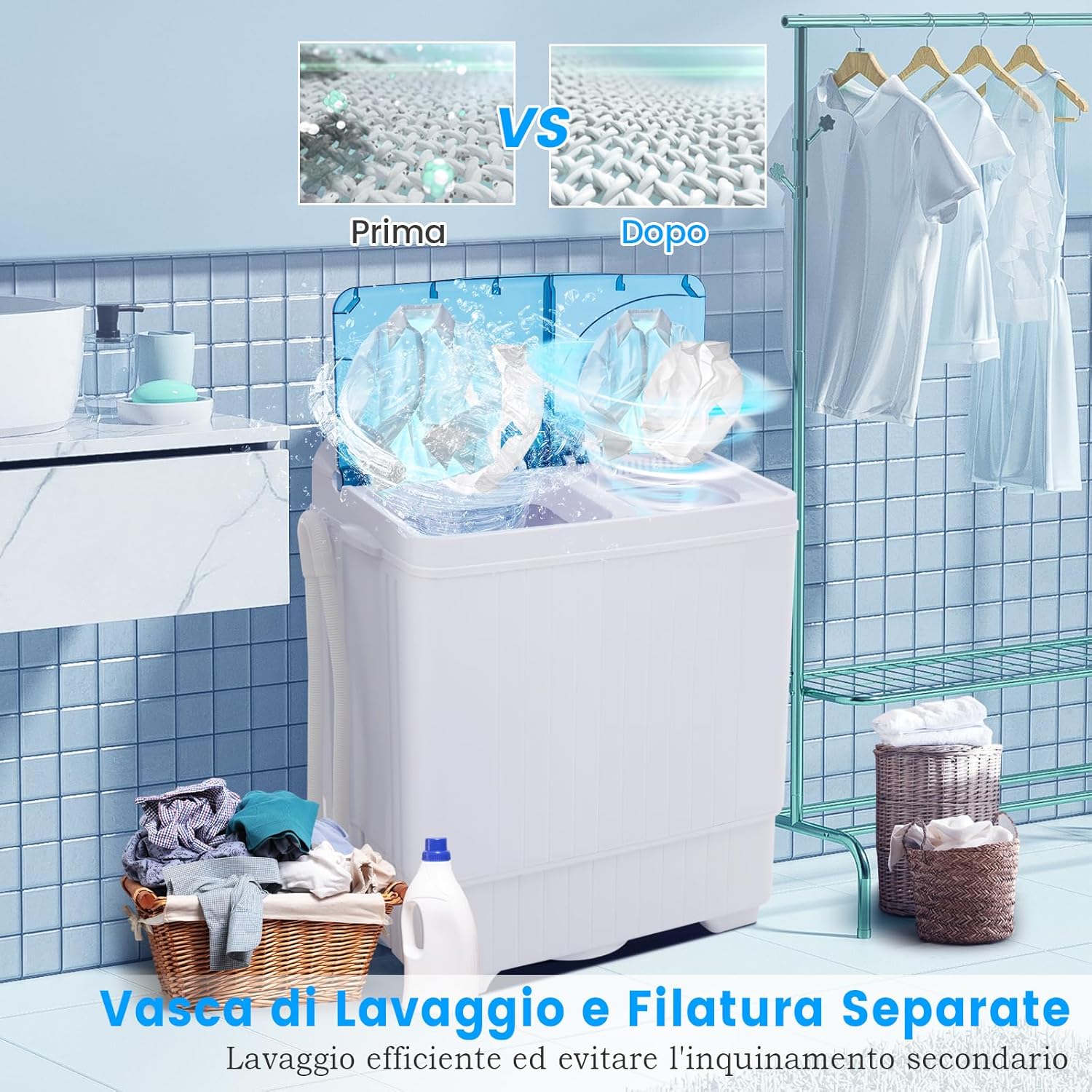 Lavatrice Portatile, Lavatrice a Doppio Cestello con Lavaggio (6,5 kg) e Centrifuga (2 kg), Ideale per Appartamento Campeggio, 69,5x41x81,5 cm (Blu) [Classe di efficienza energetica E]