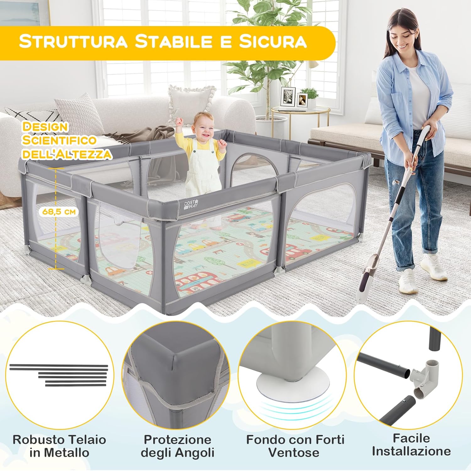 Recinto per Bambini con Materasso, Box per Bambini con Tappetino, Rete Traspirante e Apertura a Cerniera, Box Giochi con Borsa, 4 Impugnature e 50 Palline, per Bambibi 0-3 Anni (Grigio Scuro)