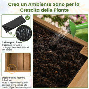 Fioriera Rialzata per Piante Rampicanti, Aiuola Rialzata con Grigliato, Ruote Bloccabili, Ripiano, Gambe e Fodera, Orto Rialzato da Esterno in Legno, 90 x 29 x 129 CM