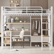 Letto a castello in ferro e MDF bianco e naturale con scrivania scaffale e due scatole tessili 90x200cm