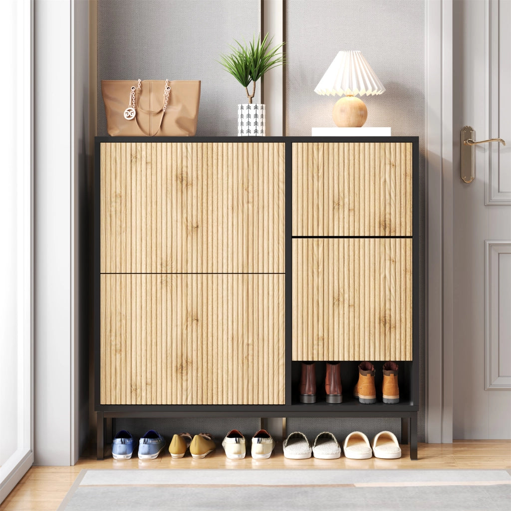 Scarpiera con 3 Ante a Ribalta e Panca Estraibile; Vano a Giorno; Stile Moderno; in MDF; Nero e Naturale; 100×25×100 cm
