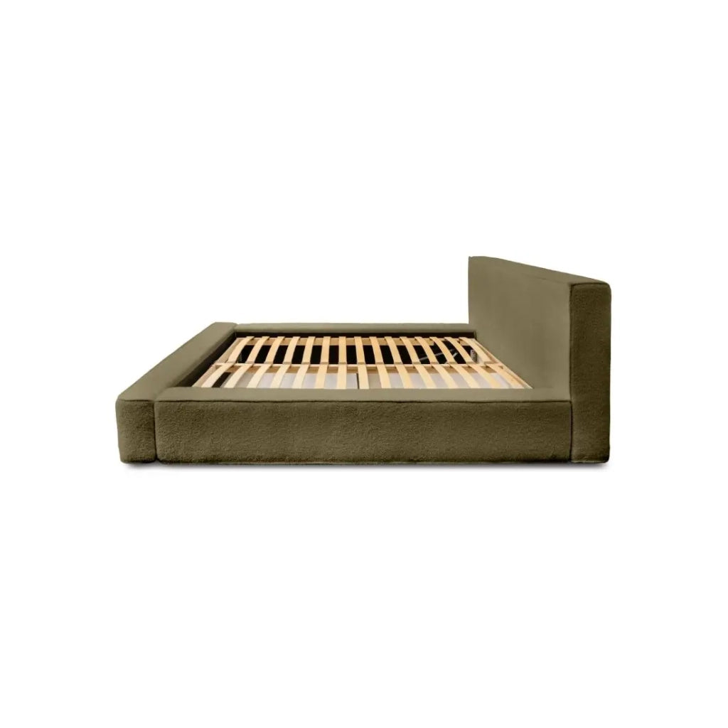 Letto contenitore VELORA – Olive bouclé – 140x200 cm – Tessuto velluto morbido – Rete sollevabile – Spazio di stoccaggio integrato