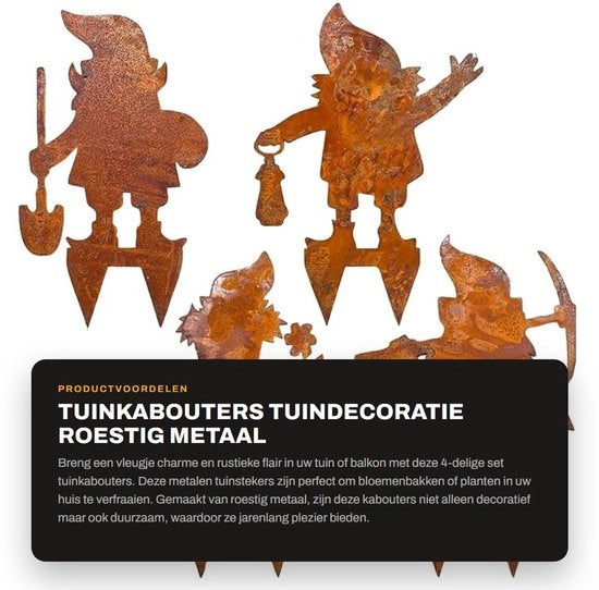 Set di 4 Tuinkabouters per Giardino - Stuzzicadenti per Giardino - Decorazione Esterna - Materiale Rugginoso - Patina Rugginosa Vintage - Decorazione per Vasi di Fiori