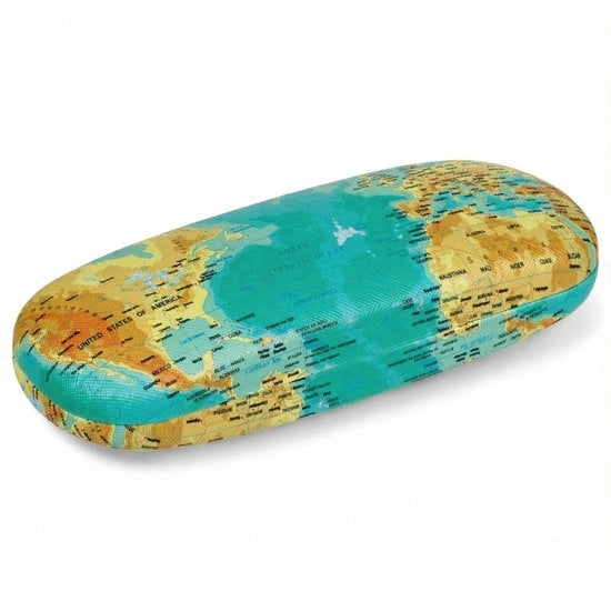 Etui per Occhiali con Cassetta in Plastica Robusta - Design Mappa del Mondo - Interno in Velluto Beige - 16 x 6 x 4 cm - Etui per Occhiali