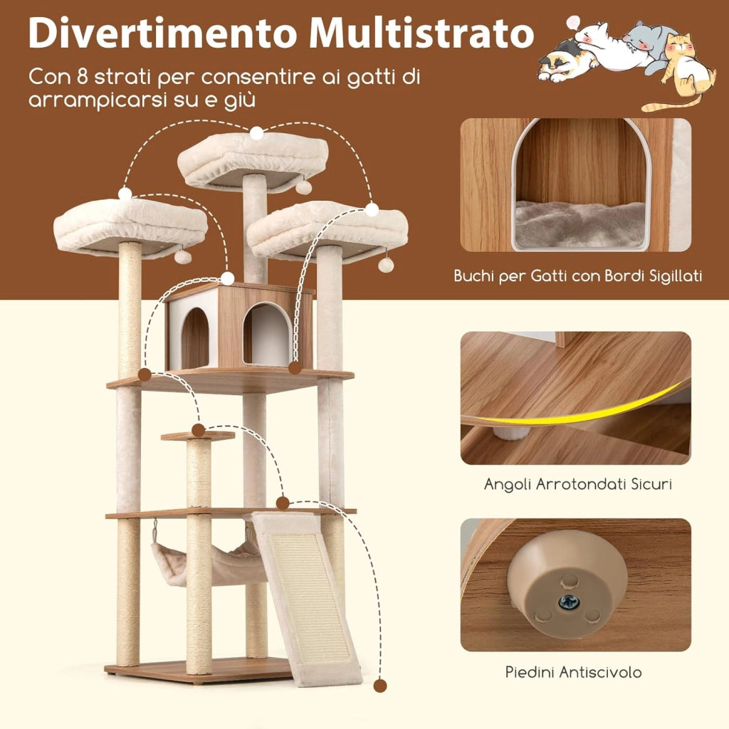 Tiragraffi per Gatti 168 cm, Albero per Animali Domestici con 3 Piattaforme, Condo, Tiragraffi in Sisal, Scala e Palline Appesse, Mobile da Arrampicata con Multi Livelli