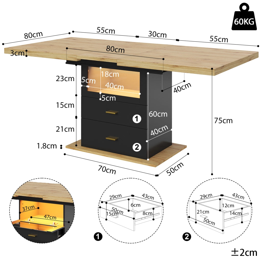 TAVOLO DA PRANZO ALLUNGABILE 110/140x80x75 cm MDF E METALLO CON LED