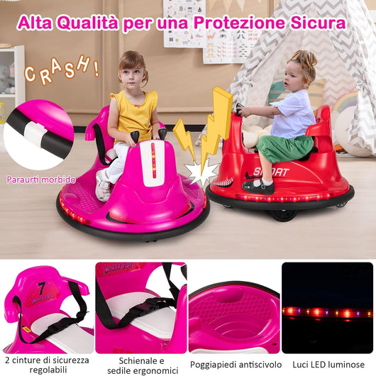 6V Autoscontro Elettrico per Bambini, Veicolo Elettrico con Telecomando, Girevole a 360°, Luci LED Colorate e Cintura di Sicurezza Regolabile, 37-95 Mesi (Rosa)