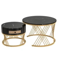 Tavolini Rotondi con Piano in Effetto Marmo e Cassetti in Rattan Sintetico, 2 in 1 da Salotto, Gambe in Ferro, Nero