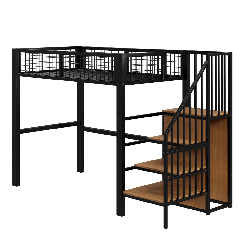 Letto a castello nero in metallo con scala e armadio 90x200 cm