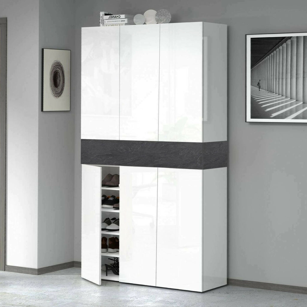 Scarpiera Charoite, Porta scarpe salvaspazio a 7 ante, Armadio multifunzione da ingresso, 114x38h200 cm, Bianco e Ardesia