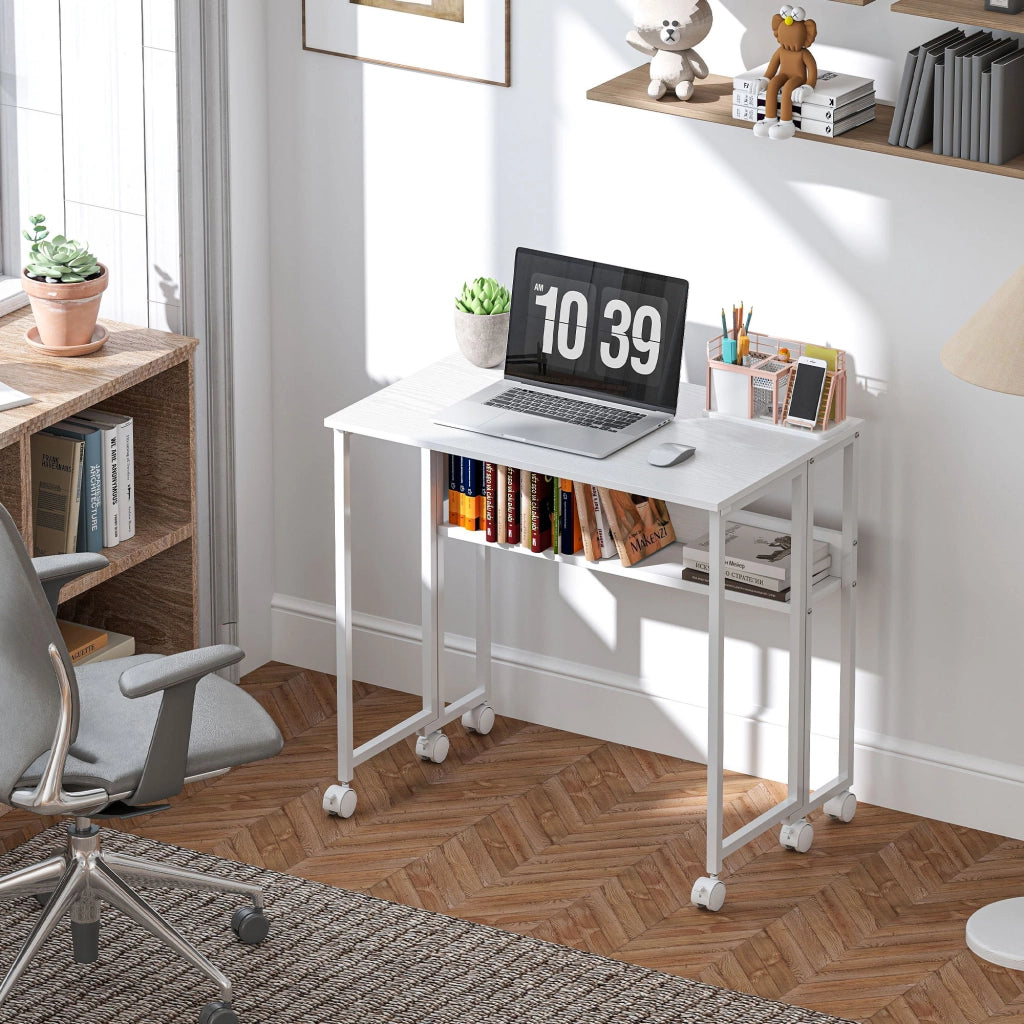 Scrivania Pieghevole con Ruote e Ripiano ¨C Zephmum ¨C Bianco 80x50 cm