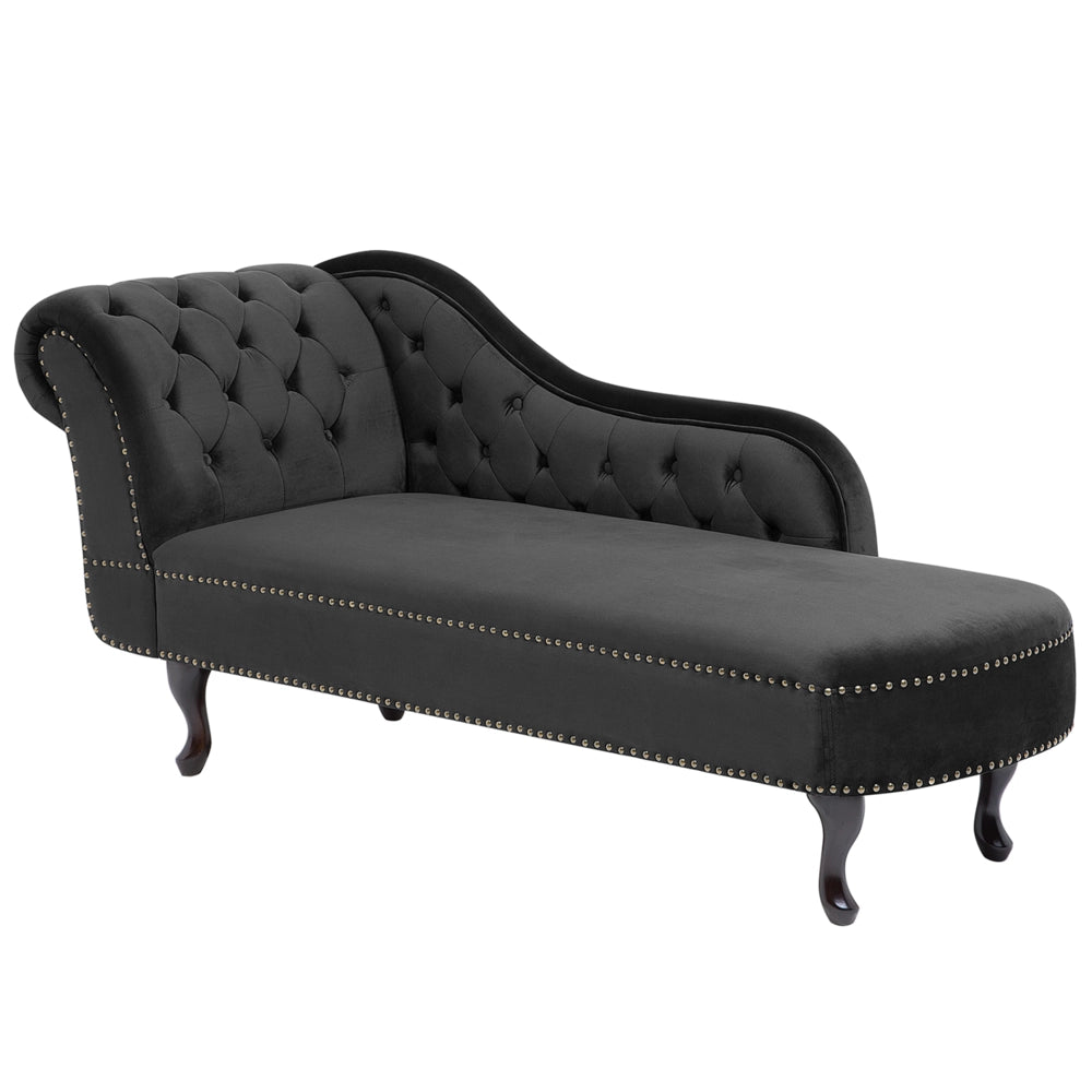 Chaise Longue in Velluto nero Versione Sinistra Stile Chesterfield con bottoni