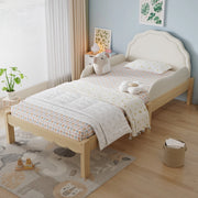Letto per bambini 90 × 200 cm con barriere laterali, testiera imbottita, senza materasso, in legno, beige