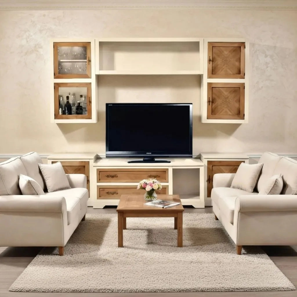 Parete attrezzata in legno avorio/noce grano 260x65 - Mobili 2G
