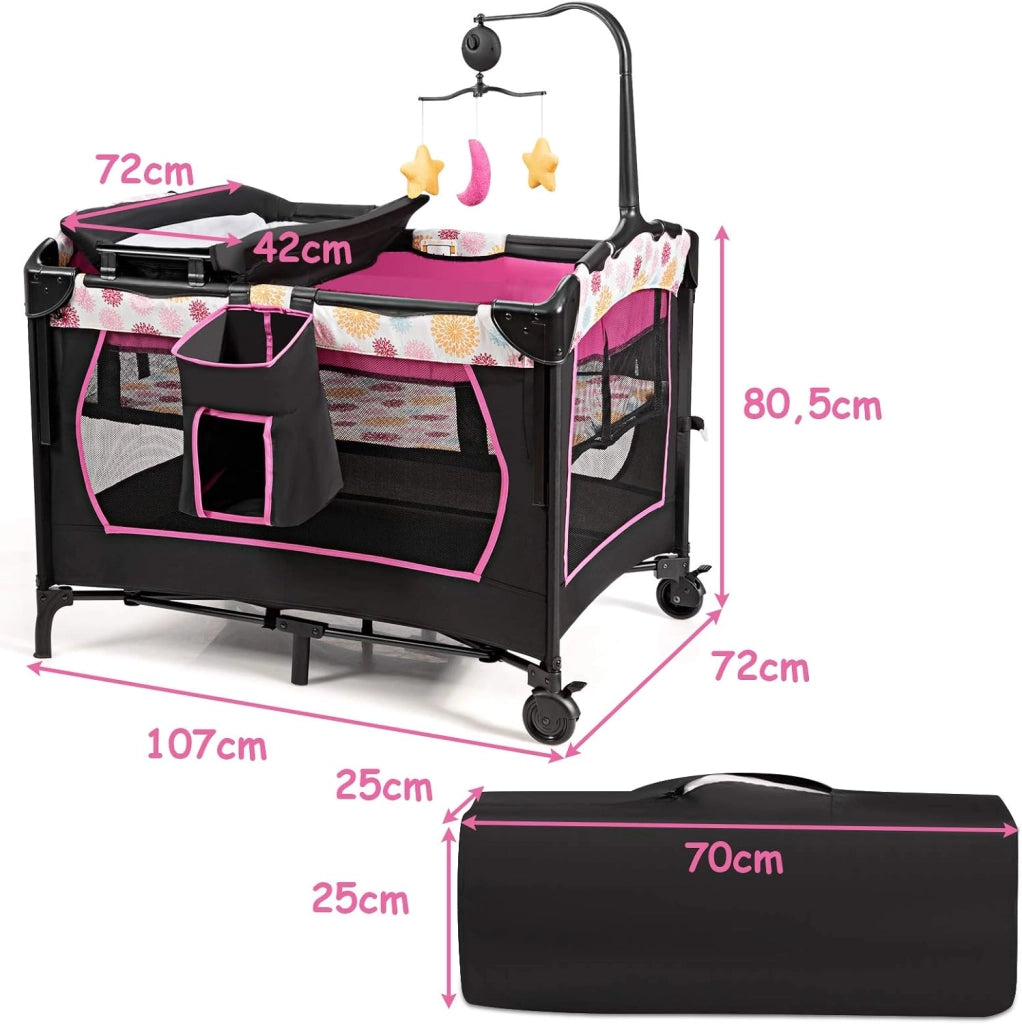 3 in 1 Lettino da Campeggio per Bambini, Culla per Neonati con Materasso Pieghevole, Fasciatoio, Giocattoli e Ruote, Box per Bambini 0-36 Mesi, 107 x 72 x 119 cm (Rosa)
