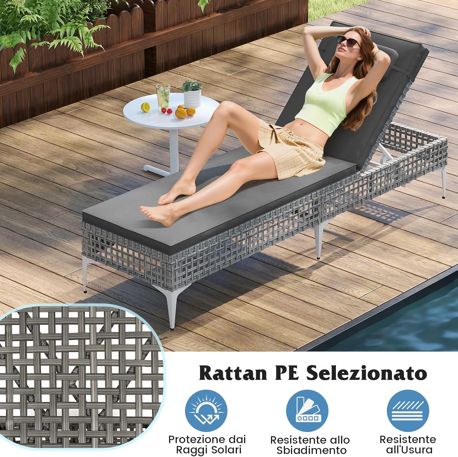 Lettino Prendisole Giardino in Rattan PE, Sedia a Sdraio da Patio, con Schienale Regolabile a 6 Livelli, Cuscino e Poggiatesta Removibili, Lettino Esterno per Piscina Terrazza, Portata 180 kg