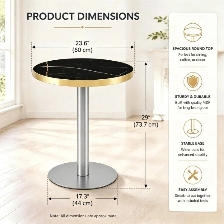 Tavolino basso rotondo con piano effetto marmo UV e bordo in acciaio inox color oro, per soggiorno, nero, in MDF