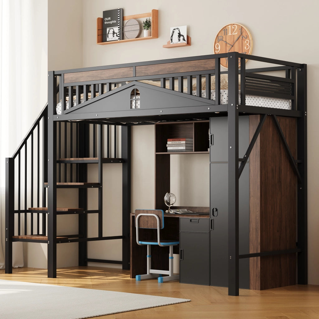 Letto a castello metallo e legno nero 90x200 cm con ringhiera