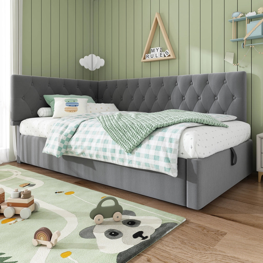 Daybed singolo – 90x190 cm – contenitore idraulico rete legno – velluto grigio