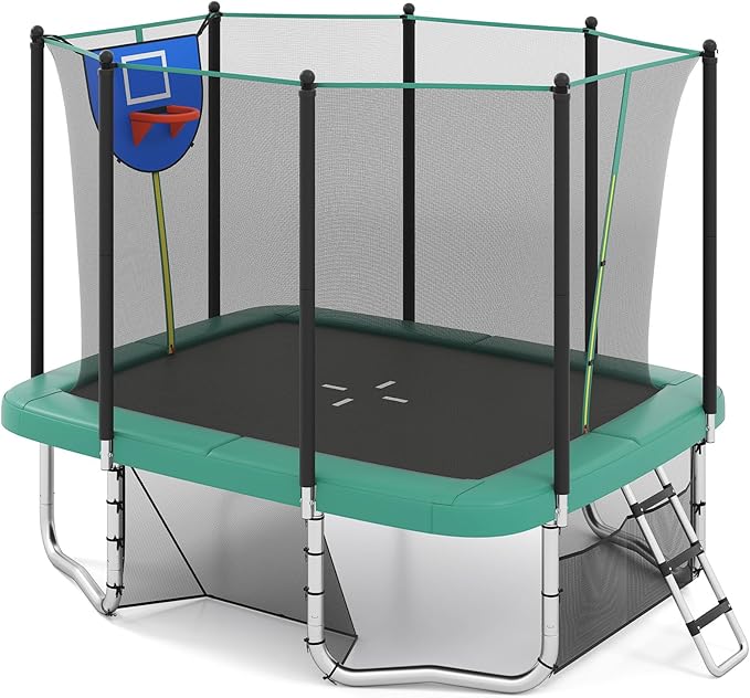 Trampolino da Esterno per Bambini e Adulti 317 x 255 cm, Tappeto Elastico Rettangolare con Canestro da Basket, Porta da Calcio, Scala Antiscivolo, Rete e Telaio in Acciaio, Portata 500 kg