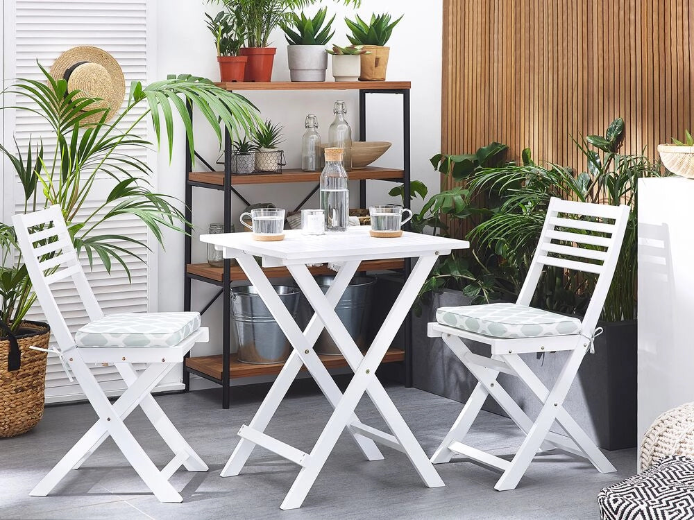 Set da bistrot 3 pezzi in legno massello di acacia bianco cuscini verde menta pieghevole a doghe design scandinavo moderno