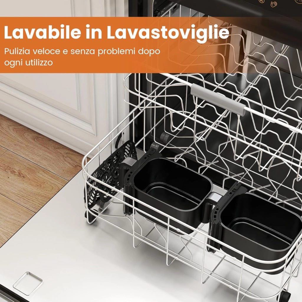 8L Friggitrice ad Aria, 2100W 10 in 1 Friggitrice a Doppio Cestello con Aria Calda a 360°, Timer, Touchscreen Digitale, 40-200℃, Lavabile in Lavastoviglie