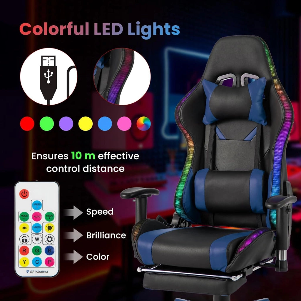 Sedia da Gioco Girevole a 360° con Schienale Reclinabile, Altezza Regolabile e Braccioli Girevoli, Luci Colorate, Poggiapiedi Retrattile, Poggiatesta e Cuscino Lombare, 3 Colori (blu)