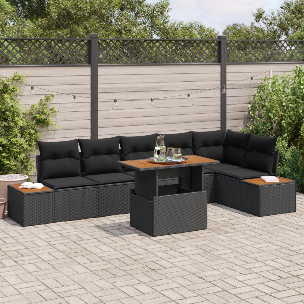 Set Divano Giardino da 7 Pezzi con Cuscini Nero Polyrattan