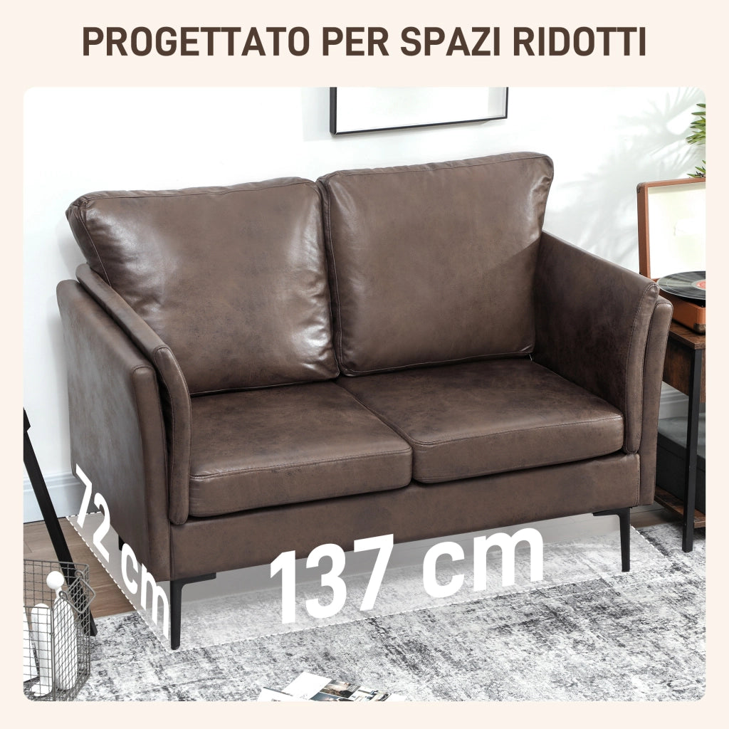 Divano 2 Posti Design Minimal 137x72x88 cm con Imbottitura Spessa in Poliestere Effetto Pelle Marrone Scuro