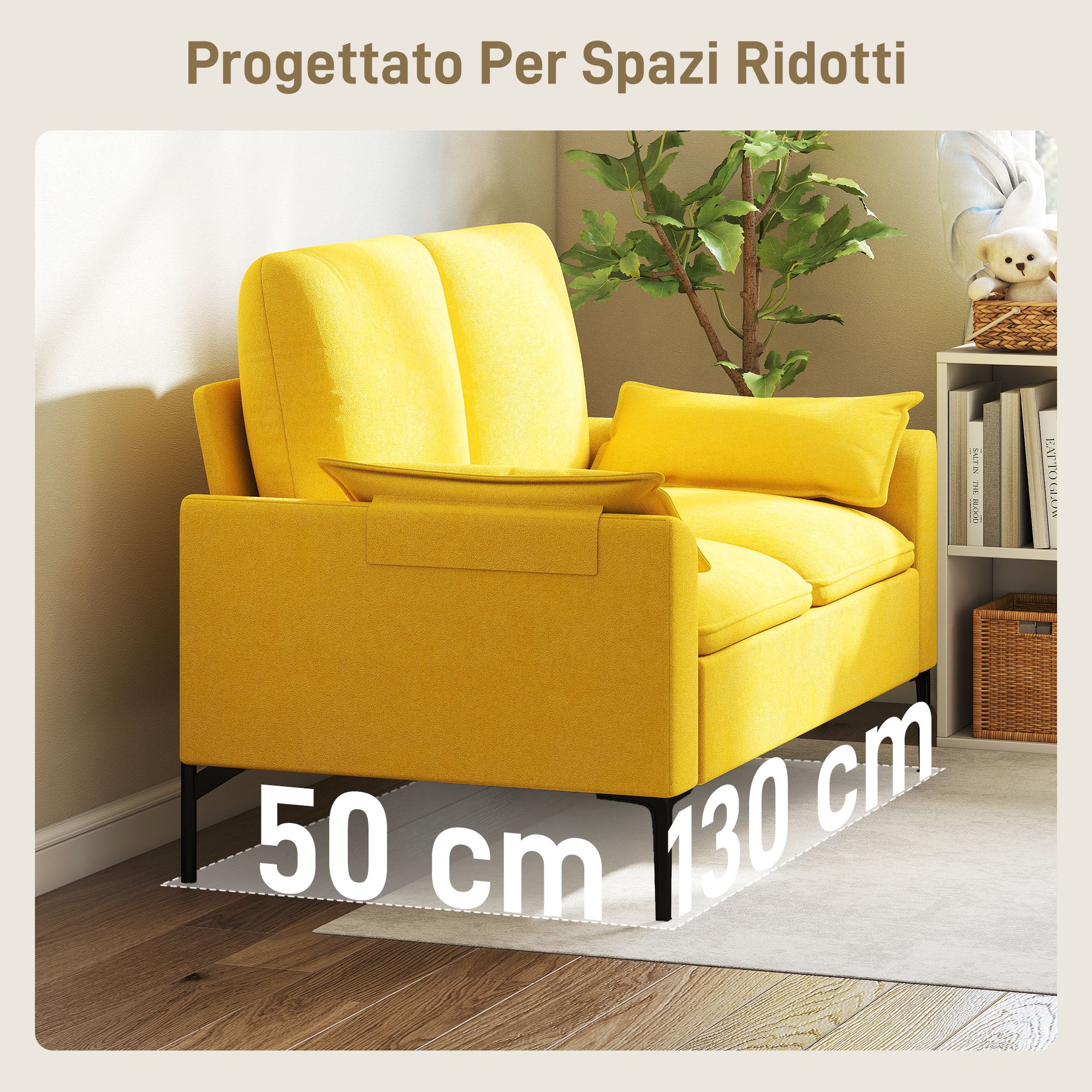 Divano 2 Posti Design Moderno 130x77x84 cm con Cuscini Rivestimento in Tessuto Spugna Giallo