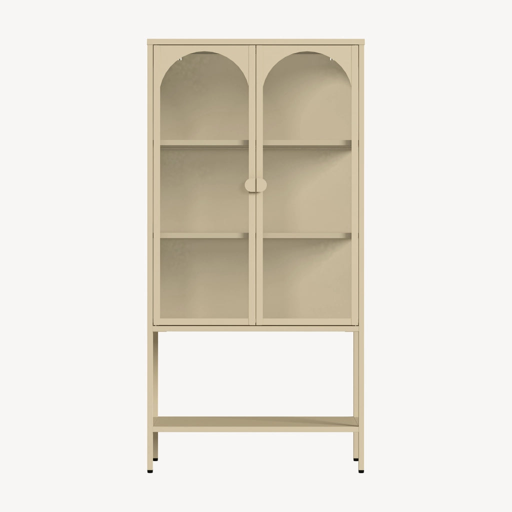 Vetrina Klippestad Credenza Alta a 2 Ante in Vetro e Ripiano Aperto 160 x 80 x 35 cm - Color Cammello [en.casa]