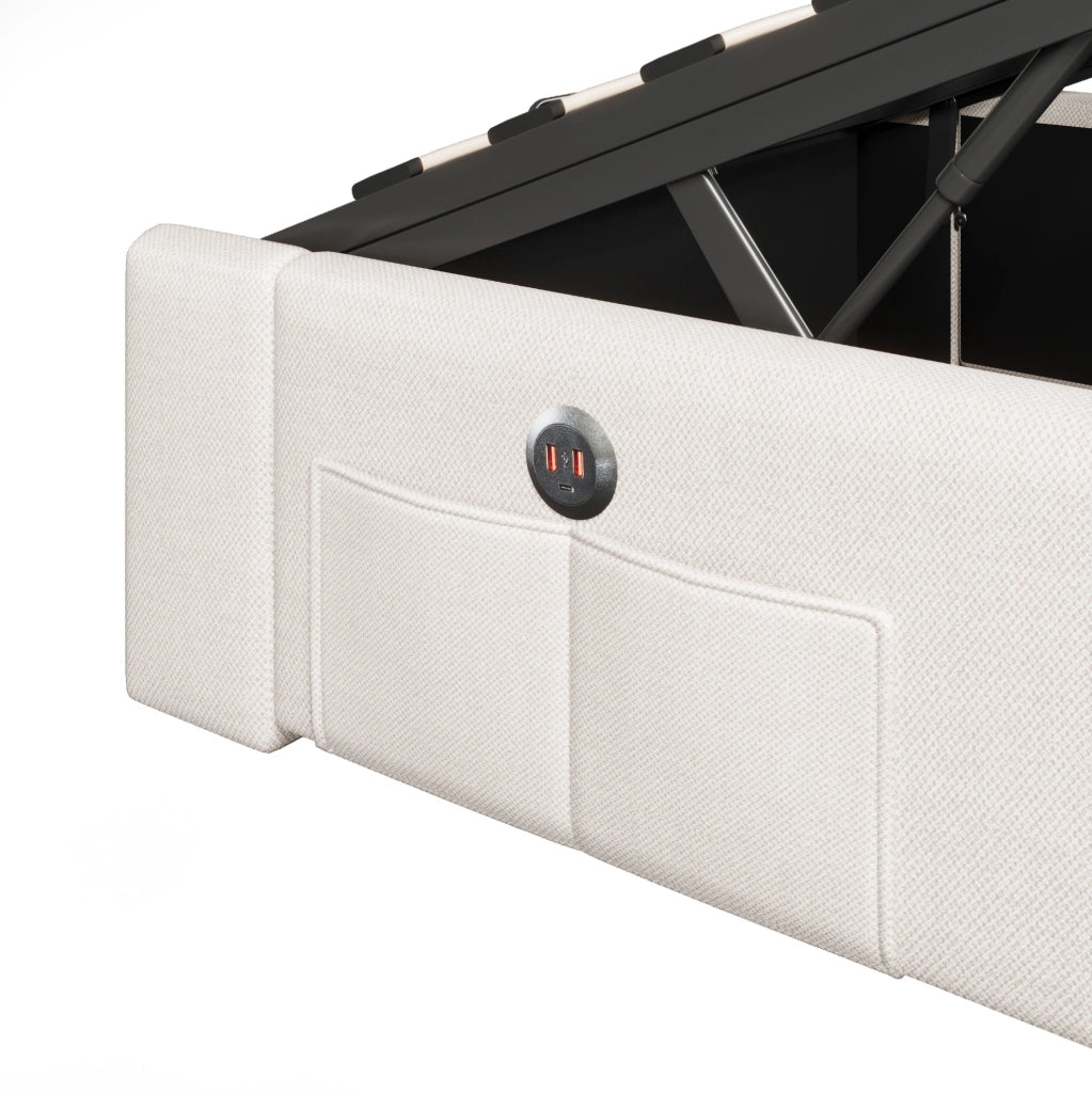 Letto imbottito 90x200 cm in lino con LED; porte USB e Type-C; contenitore idraulico; beige