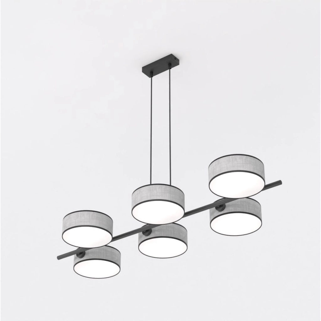 Lampada a sospensione DRUMZ 6 in acciaio nero e tessuto grigio