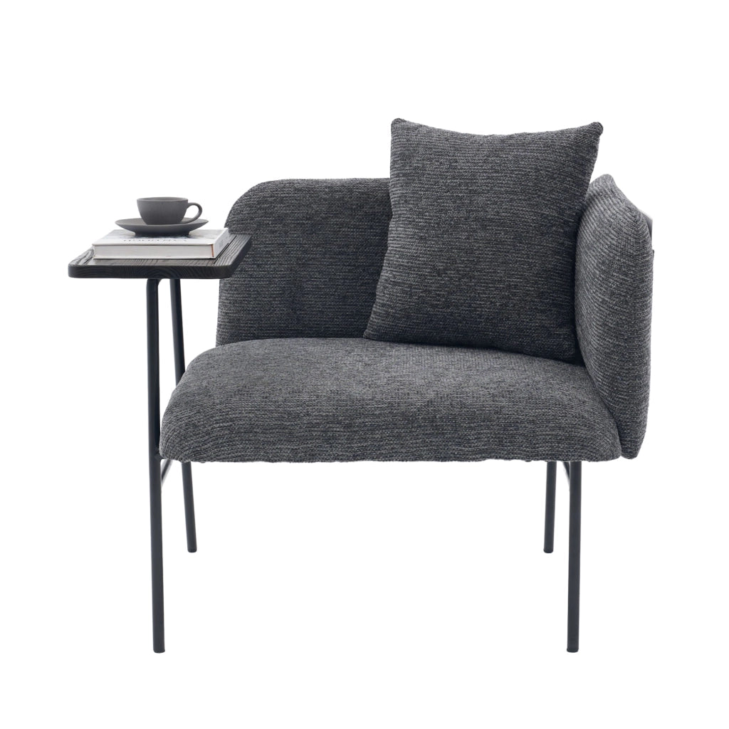 Poltrona da relax in chenille grigio scuro con tavolino laterale e tasche portaoggetti; 86x72x71 cm