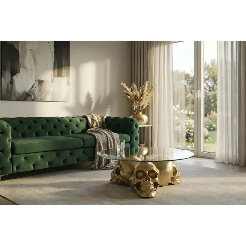 Tavolino basso CRANY rotondo 90 cm in alluminio dorato e vetro temperato stile barocco