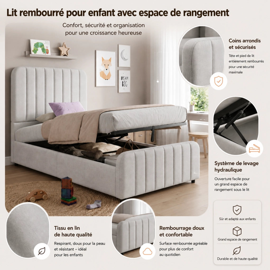 Letto singolo imbottito 90x200 cm con contenitore; rete inclusa; grigio in lino
