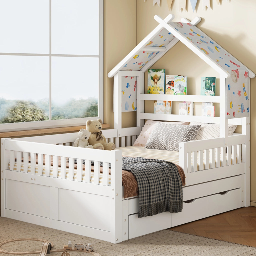 Letto a casetta 140 x 200 cm con letto estraibile; 3 cassetti e sponde di sicurezza; bianco