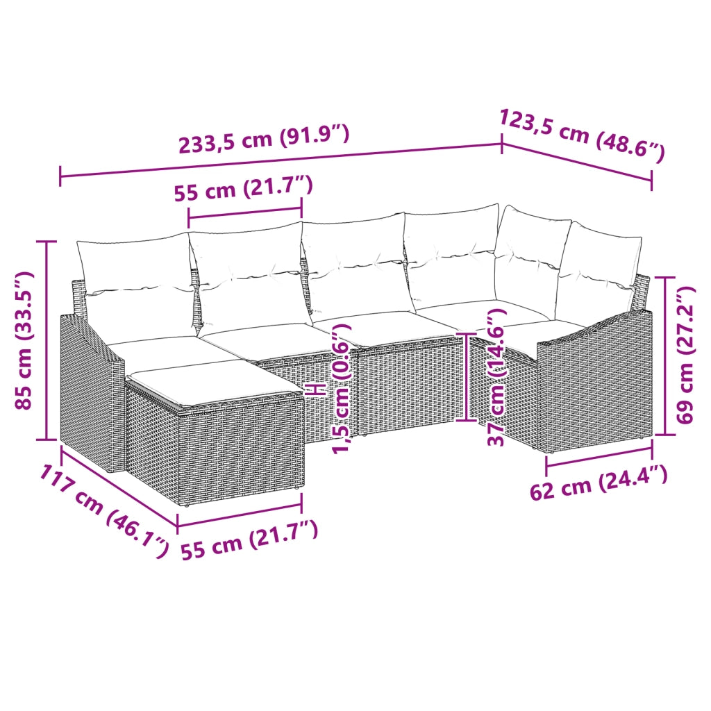 Set di divani da giardino a 6 pezzi con cuscini marroni in polyrattan