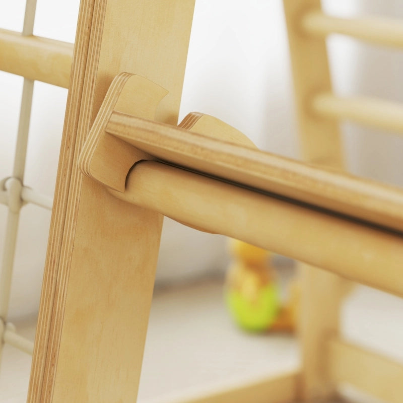 Giochi da arrampicata indoor 6 in 1 in legno naturale con scivolo, rete e barre, 3-6 anni