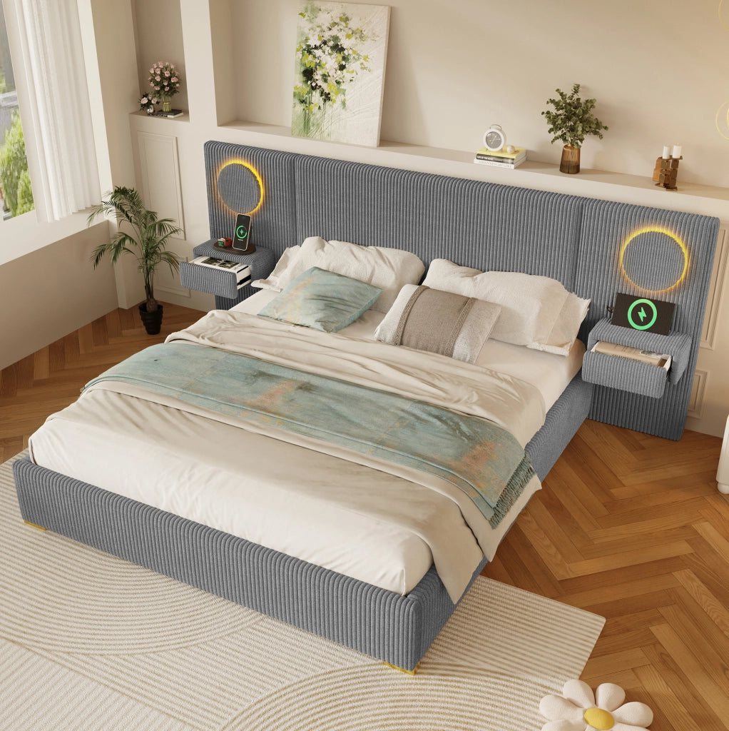 Letto imbottito in velluto grigio 180x200 cm con testiera LED, porte USB e cassetti comodino